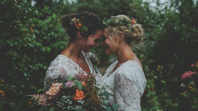 Two beautiful lesbian brides are captured in a portrait at their wedding photoshoot prior to the ceremony
