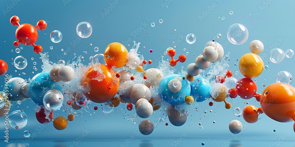 Poster an extremely close-up of using text space a whimsical depiction of several molecules each with its o