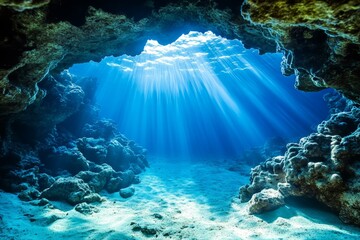 Obraz premium A reef cave illuminated by beams of sunlight breaking through the ocean surface