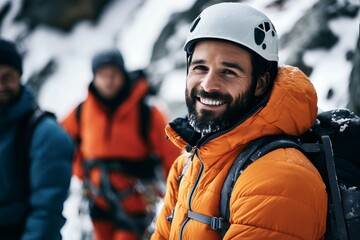 Mountain Climber's Smile: A close-up of a confident mountain climber, radiating a joyful expression, his face half-covered with ice crystal, set against the backdrop of snow-covered mountains.