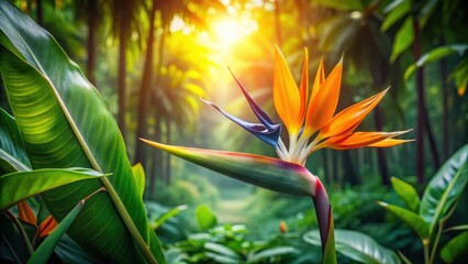 Exotic Jungle Strelitzia Flower Blooming in Shade, flora, beautiful strelitzia flower