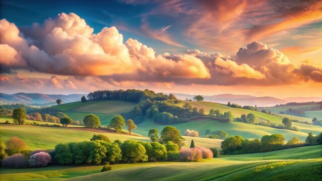 Soft pink and blue pastel clouds float gently above a serene landscape with rolling hills and trees in shades of green and brown , soft pink, cloud formations