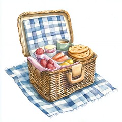 Wicker Picnic Basket with Food and Drinks on Checkered Blanket