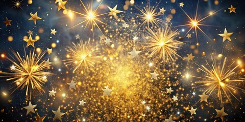 Naklejka premium Fireworks explosion in slow motion, golden confetti flying everywhere, explosion, stars, explosion