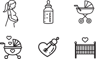 Maternity editable flat stroke line art icon set, Outline of pregnant woman, baby stroller or carriage bed and more. Vector illustration on a white background.