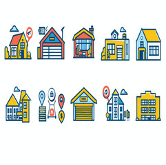 Fototapeta premium A set of real estate line icons including sale, warehouse, location, property types, and buildings.