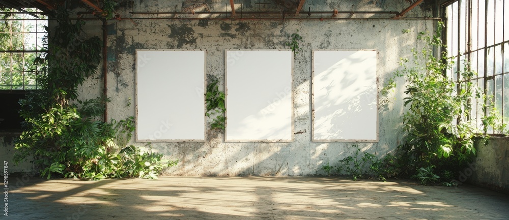 Poster Three white vertical rectangle poster mockups are displayed with soft shadows on a neutral light grey concrete wall background in a flat lay style from a top view