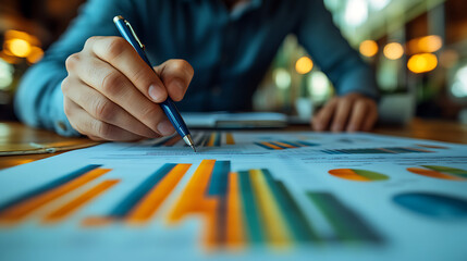 close up of people pointing to a graph with data there is also a digital tablet and a laptop on the table office metting concept.