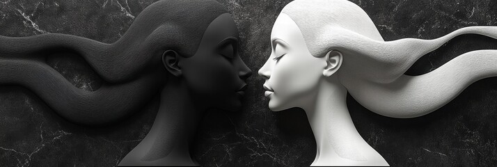 Black and white figures merge with flowing hair in a minimalist art composition