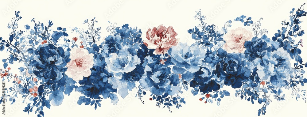 Poster elegant hexagonal shapes in a boho art style are featured in this blue and white watercolor seamless