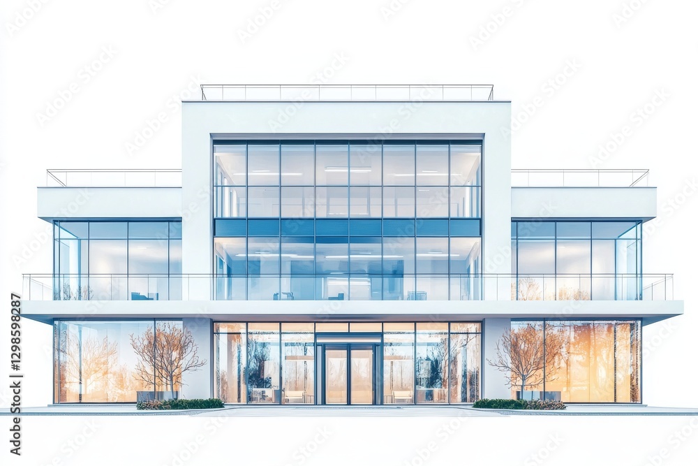 Poster in front of a tall building with an abundance of windows stands a green tree