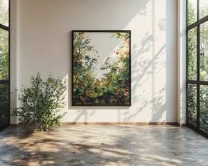 In a modern architecture firm, a single large blank poster is encased in a professional black frame and showcased on a sleek white wall, providing a clean and elegant backdrop for architectural