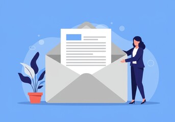 Obraz premium Flat illustration of a professional woman in business attire holding an oversized letter beside a large open envelope, symbolizing communication