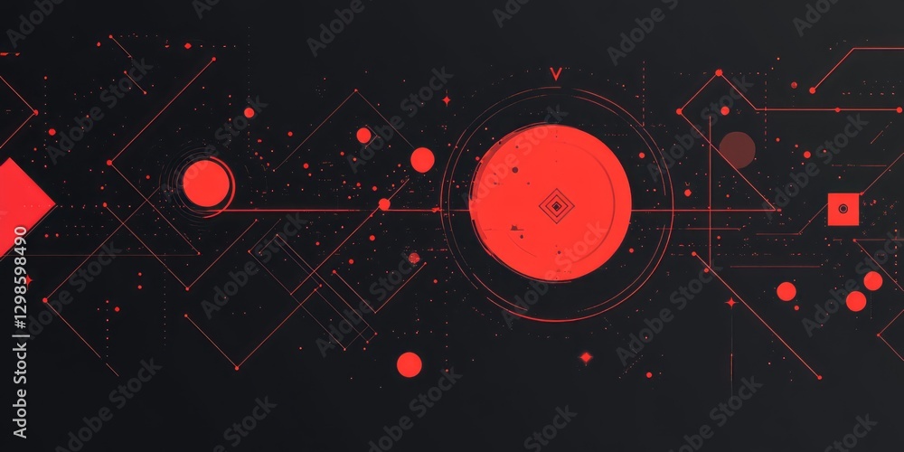 Poster geometric red elements connected by lines on a dark backdrop