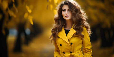 Elegant Woman in Yellow Coat Surrounded by Autumn Foliage..