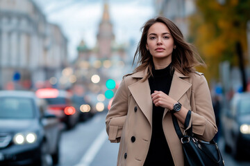 Fototapeta premium Stylish Russian businesswoman walking down street in chic trench coat. Confident and ambitious, she carries a leather business bag, embodying success and modern elegance.