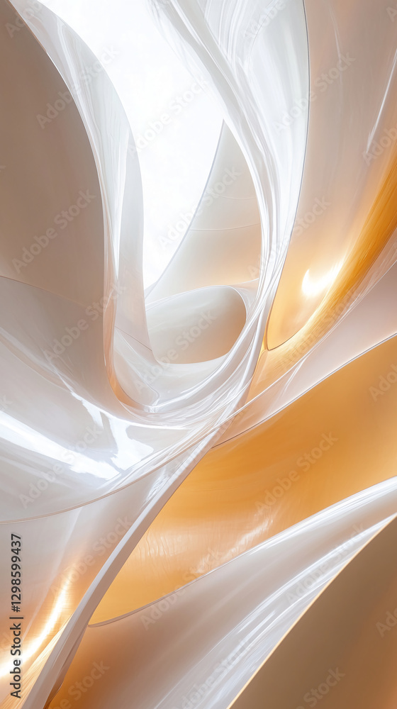 Poster abstract close-up of flowing translucent white curves with soft golden highlights, symbolizing moder