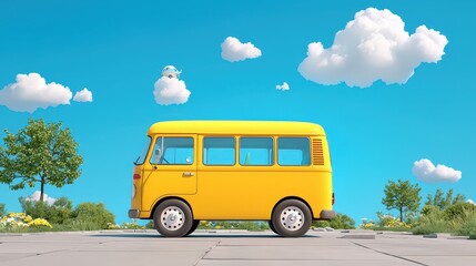 Yellow van parked on road in sunny, outdoor setting, with trees and cloudscape