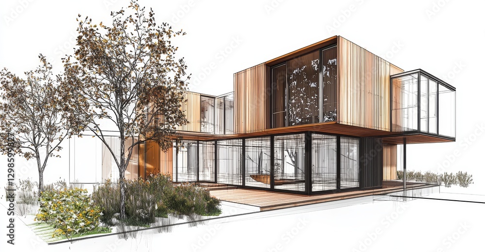 Poster the transformation of a modern house from concept to reality involves the sketch design and drafting