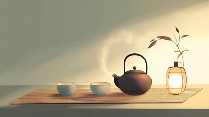 Illustration of a minimalist Chinese tea ceremony setting. A simple bamboo mat holds a traditional Yixing clay teapot and small porcelain cups.