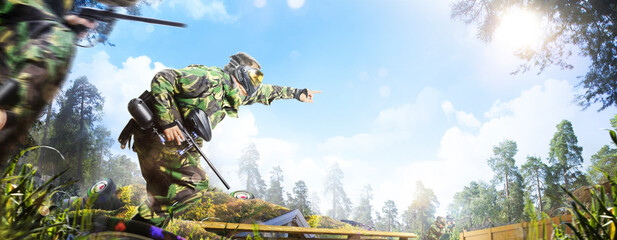 Professional paintball player in action outdoor