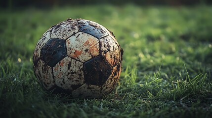 Muddy Soccer Ball on Green Grass After Outdoor Game Activity