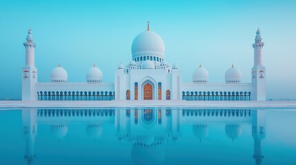 Obraz premium Modern Islamic Mosque with Glass Domes and Steel Minarets Reflecting Water