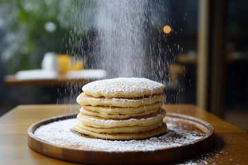 Fluffy souffle pancakes stacked high with powdered sugar dusting, served on a wooden plate with copy space. Soft warm lighting. 
