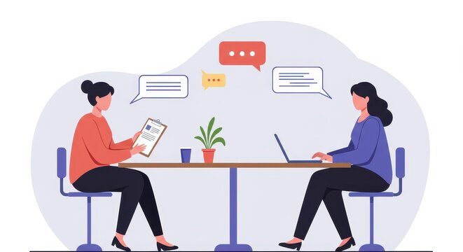 Flat illustration of two women sitting at a table with a clipboard and speech bubbles, symbolizing a job interview or professional discussion