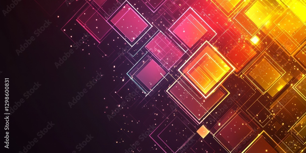 Poster abstract background featuring glowing colorful squares and glittering particles