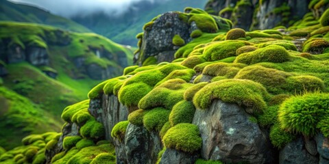 Lush green moss thriving in a rugged rocky outcrop, with intricate patterns and textures on display , green moss