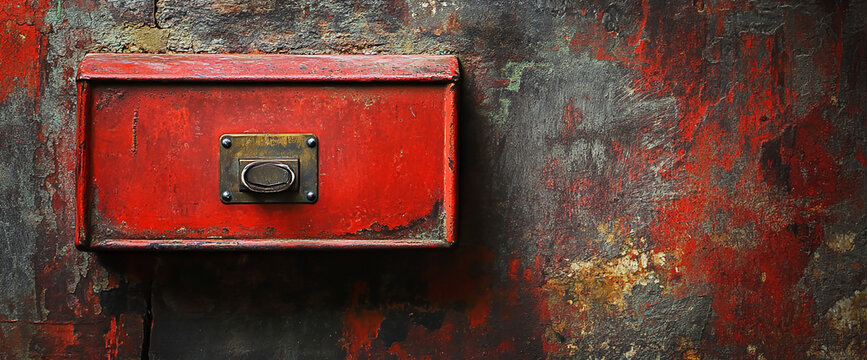 Close-up shot of a weathered red mailbox with a worn-out label holder against a grunge textured wall, symbolizing rustic charm, history, and vintage elements in urban environments. - Powered by Adobe