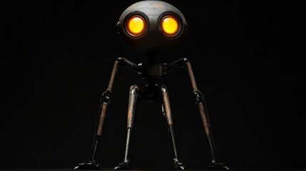 A bipedal robot with long, thin legs and glowing eyes, standing on a simple black background 
