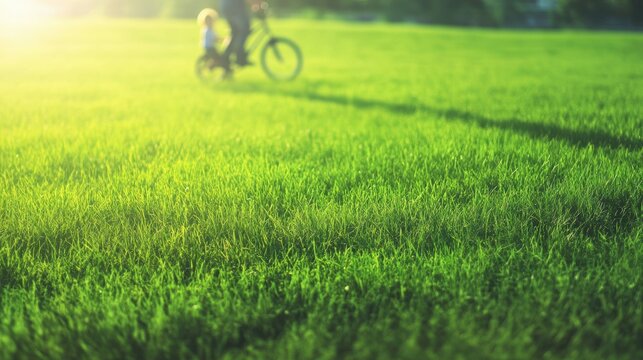 An abstract composition of a bike shadow on a grassy field, with a blurred father and child riding in the background