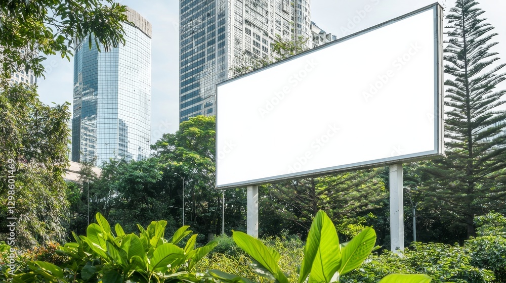 Poster stock image featuring a mockup of a large vertical led display in white on a tower building, complet