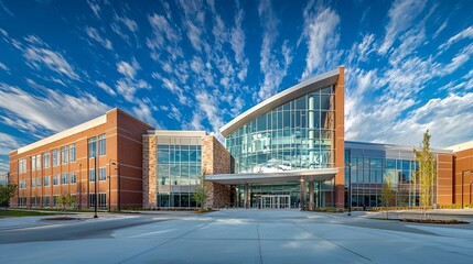 The exterior of a school building in the United States, shown in daylight, embodies the concept of educational facilities and architecture