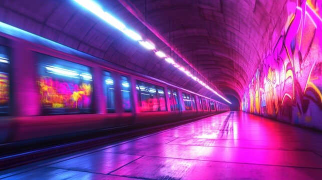 Neon urban subway tunnel with graffiti art and motion blur