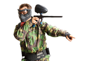 Fototapeta premium Painball player in action isolated om white bacground