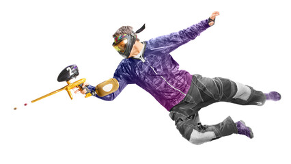 Painball player in action isolated om white bacground