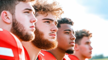 Football players strategizing during a timeout, intense and focused expressions, bright field backdrop,