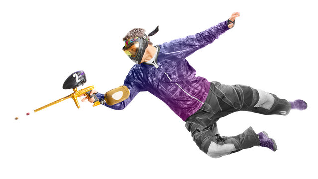 Painball player in action isolated om white bacground