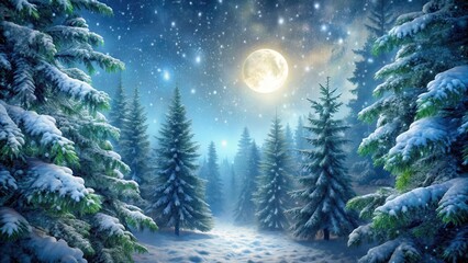 Dense fir branches sway in gentle snowfall, illuminated by moonlight in a serene winter forest scene , forest, nature,  forest