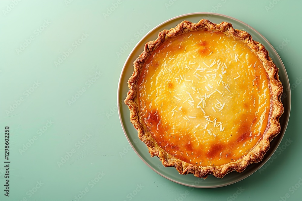 Poster a close-up of coconut custard with a lot of room for writing or background usage on a gentle green b