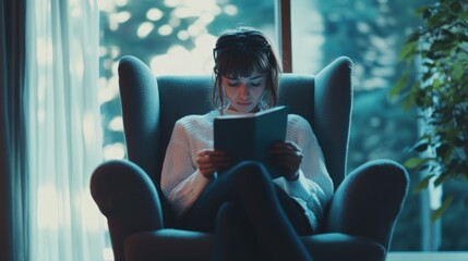 Teenage girl writing in her notebook while seated in a cozy armchair, calm and academic setting,
