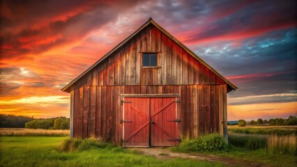 Obraz premium Old farm barn in the countryside with a rusty red color and a wooden door at dusk, village , rustic, village , rustic,wooden,rusty,old,rural