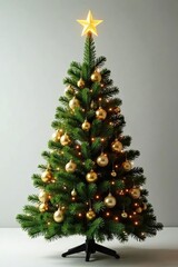 Tall evergreen Christmas tree, shining gold decorations, star topper , luxury, holiday