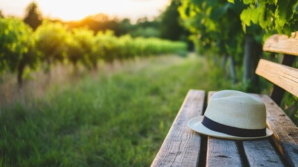 Fototapeta premium Wedding vineyard ceremony a single hat left on a bench
