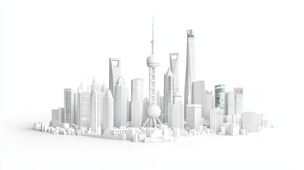 Fototapeta premium The modern illustration showcases a city skyline set against a white background, incorporating simple lines, a light gray and white color scheme, and a high-end aesthetic that highlights urban