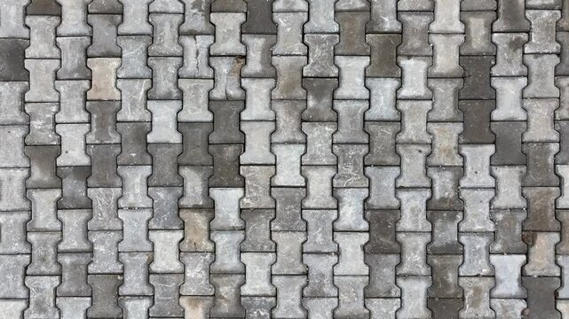 Top view of interlocking paving stone texture. Outdoor concrete slab pavement high quality drone image