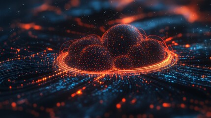 Cloud computing symbol linked with data nodes, secure network visualization, dark high-tech theme